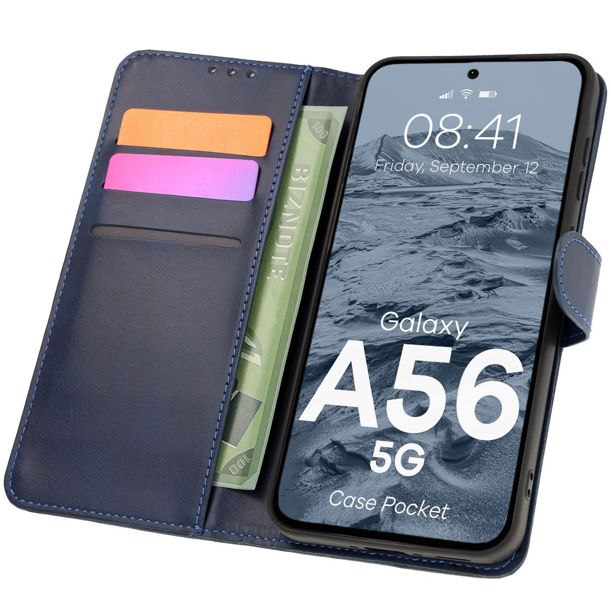 Handyhülle mit Klappe für Galaxy A56 5G, Bizon Case Pocket, Dunkelblau