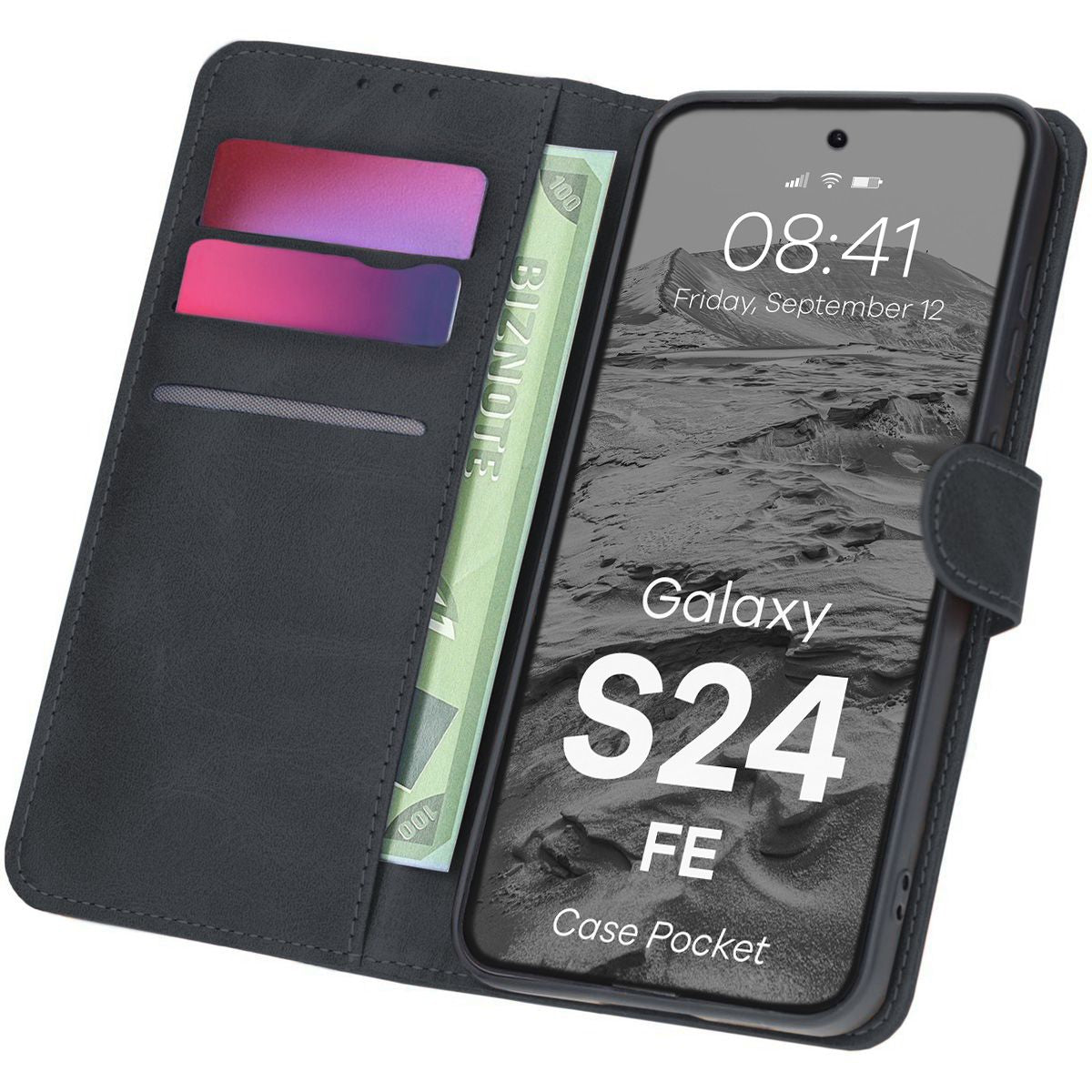 Handyhülle mit Klappe für Galaxy S24 FE, Bizon Case Pocket, Schwarz