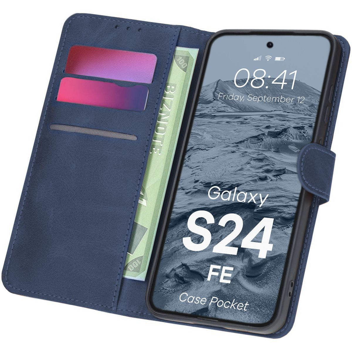 Handyhülle mit Klappe für Galaxy S24 FE, Bizon Case Pocket, Dunkelblau