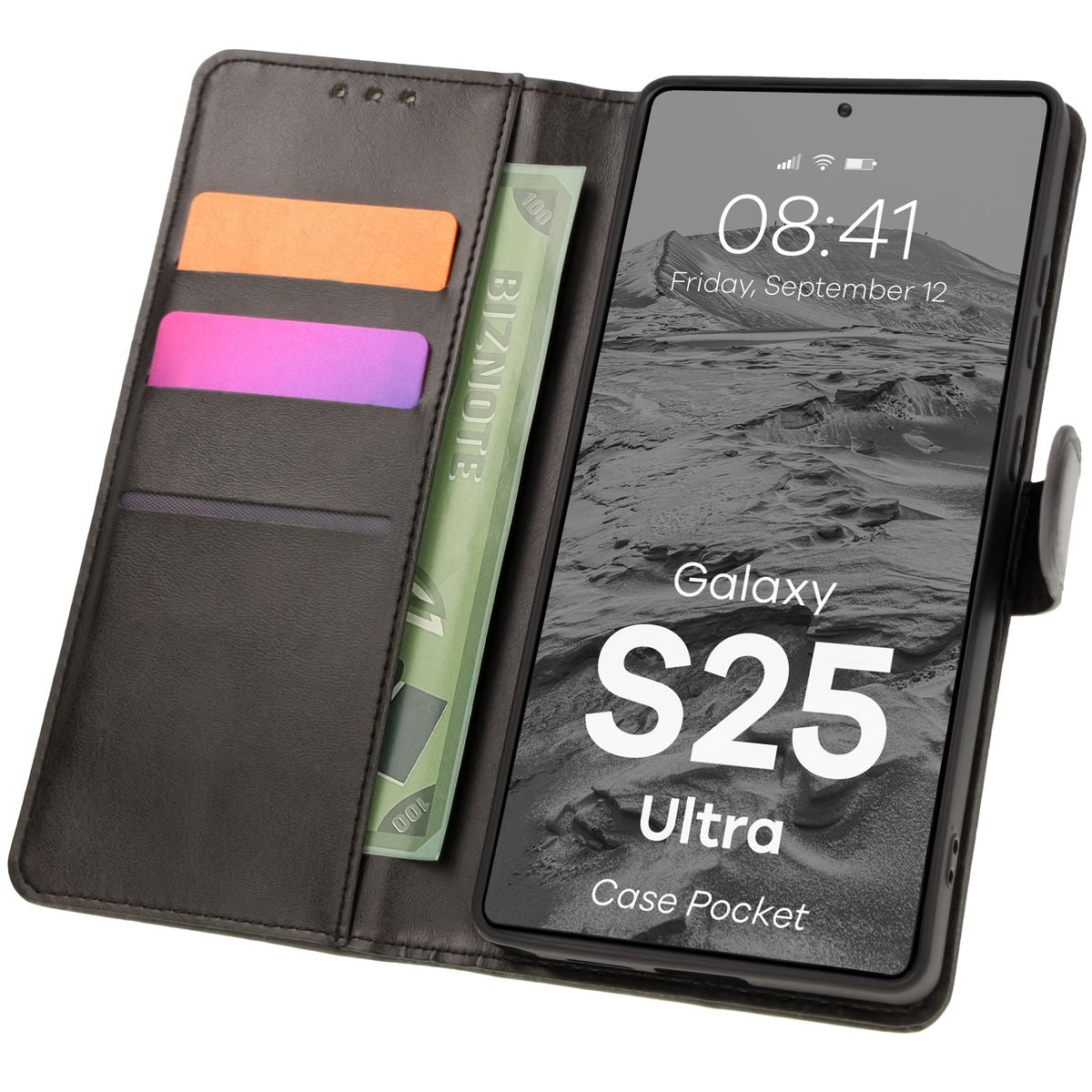 Handyhülle mit Klappe für Galaxy S25 Ultra, Bizon Case Pocket, Schwarz