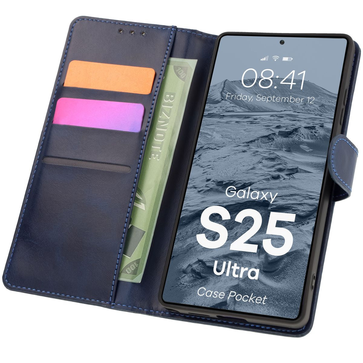 Handyhülle mit Klappe für Galaxy S25 Ultra, Bizon Case Pocket, Dunkelblau