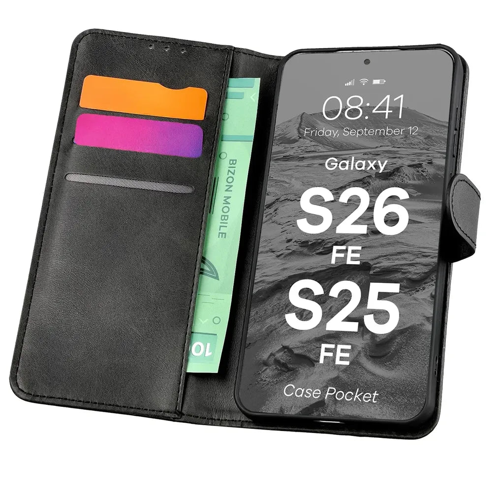 Handyhülle mit Klappe für Galaxy S26 FE / S25 FE, Bizon Case Pocket, Schwarz (1/6)