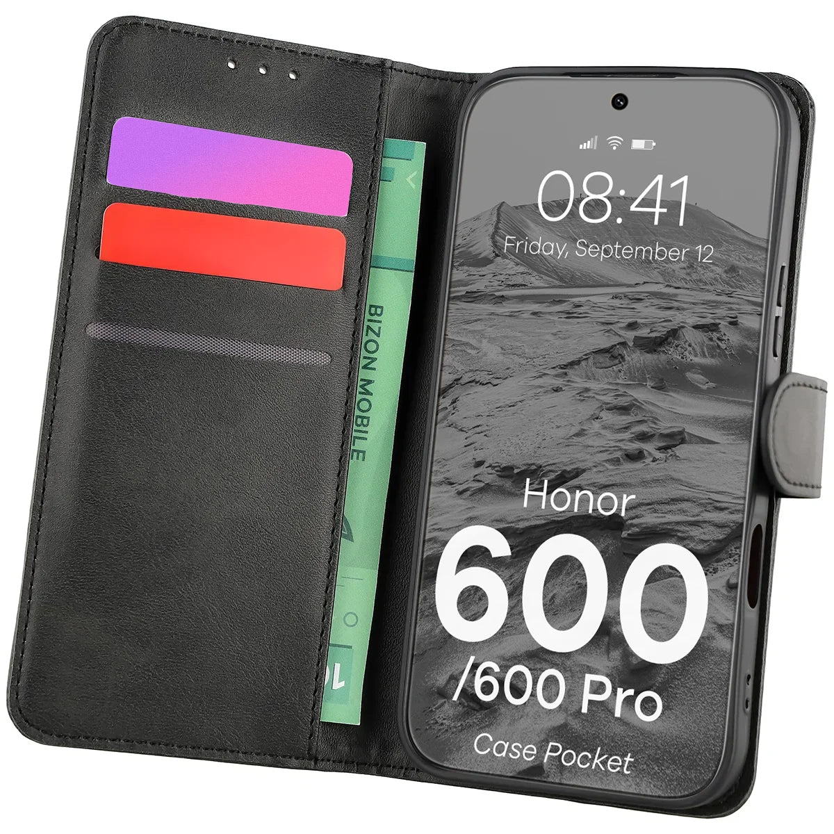 Handyhülle mit Klappe für Honor 600 5G / 600 Pro 5G, Bizon Case Pocket, Schwarz