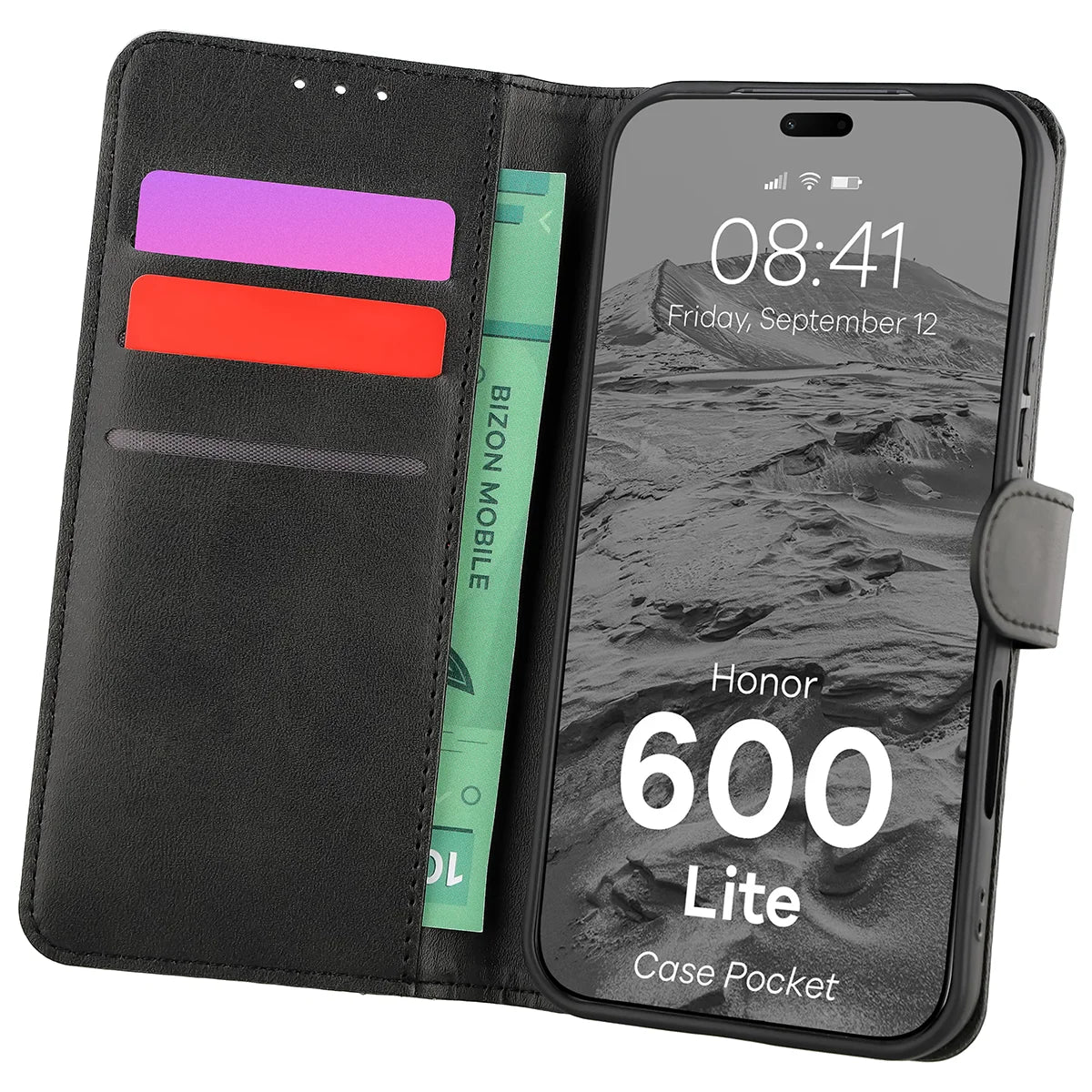 Handyhülle mit Klappe für Honor 600 Lite 5G, Bizon Case Pocket, Schwarz