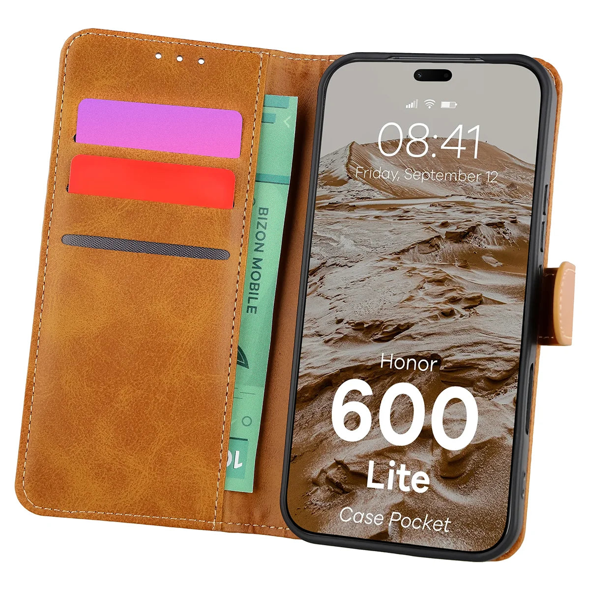 Handyhülle mit Klappe für Honor 600 Lite 5G, Bizon Case Pocket, Braun