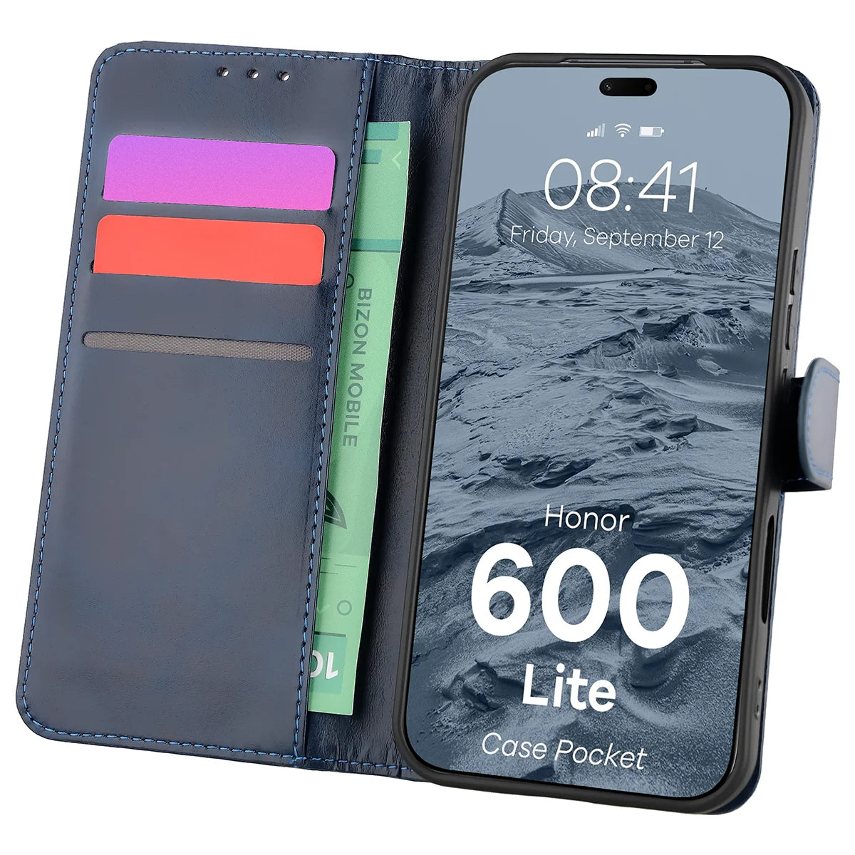 Handyhülle mit Klappe für Honor 600 Lite 5G, Bizon Case Pocket, Dunkelblau