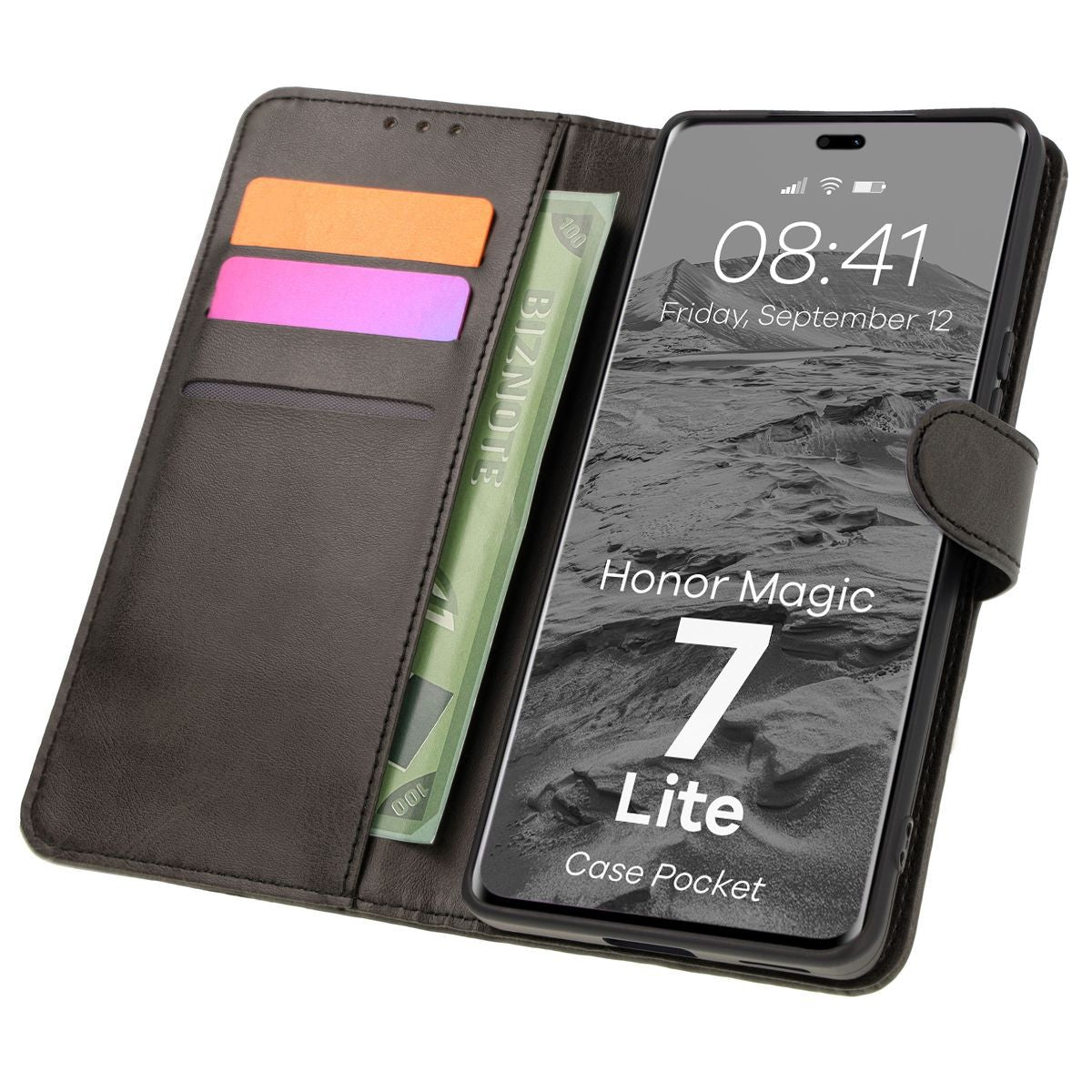 Handyhülle mit Klappe für Honor Magic7 Lite, Bizon Case Pocket, Schwarz