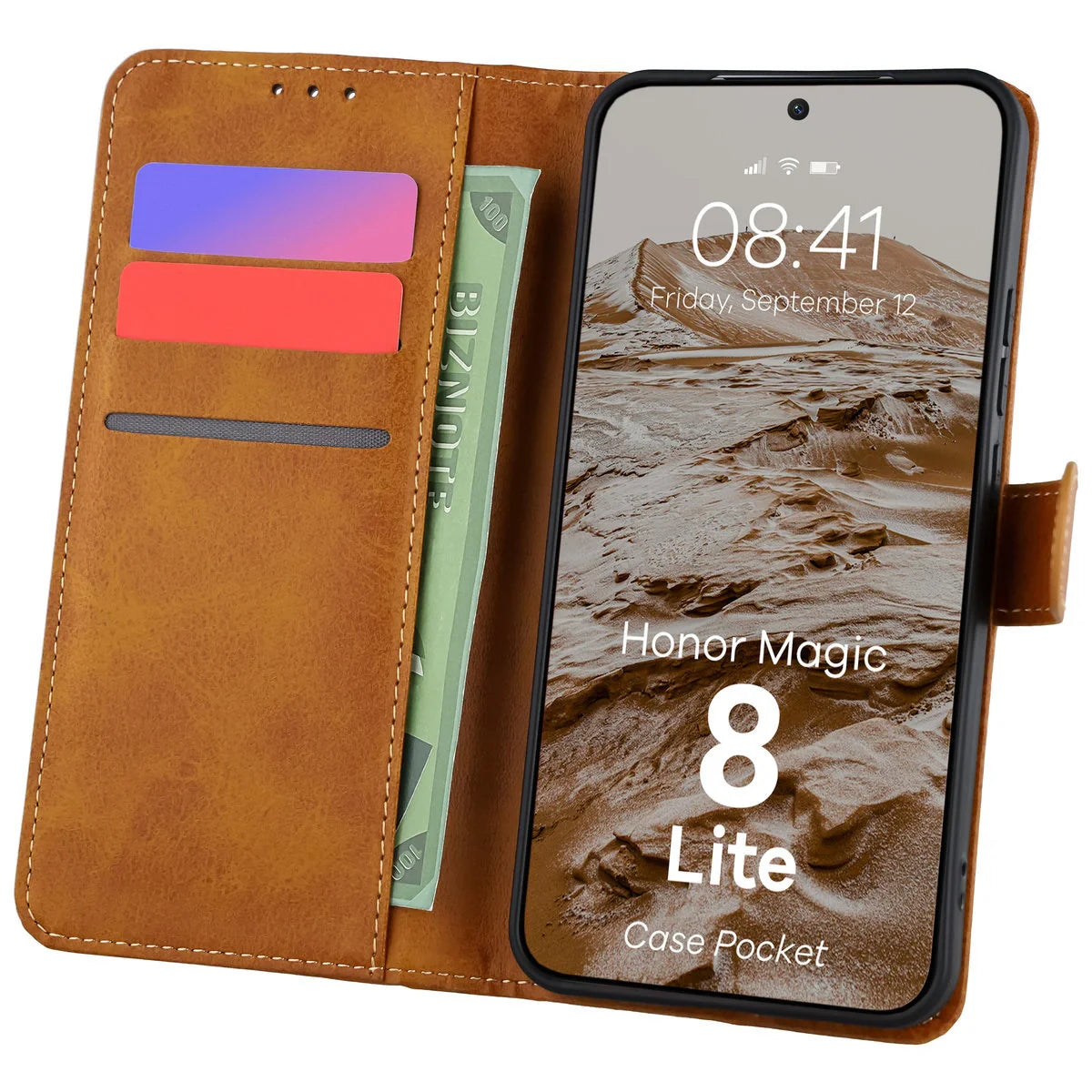 Handyhülle mit Klappe für Honor Magic8 Lite, Bizon Case Pocket, Braun