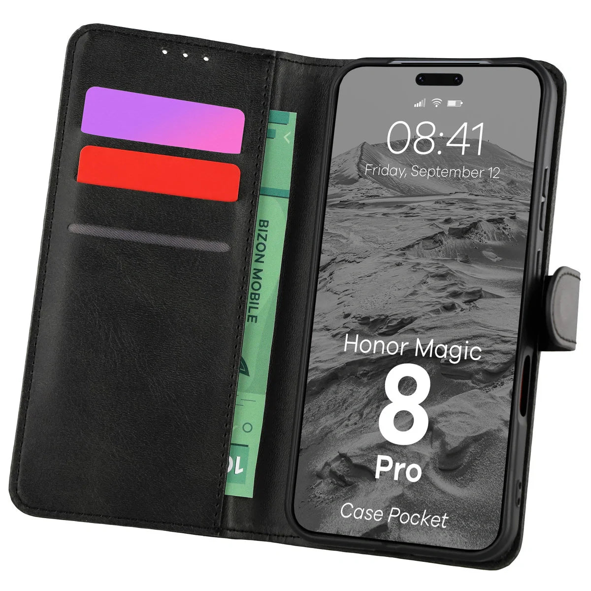 Handyhülle mit Klappe für Honor Magic8 Pro, Bizon Case Pocket, Schwarz