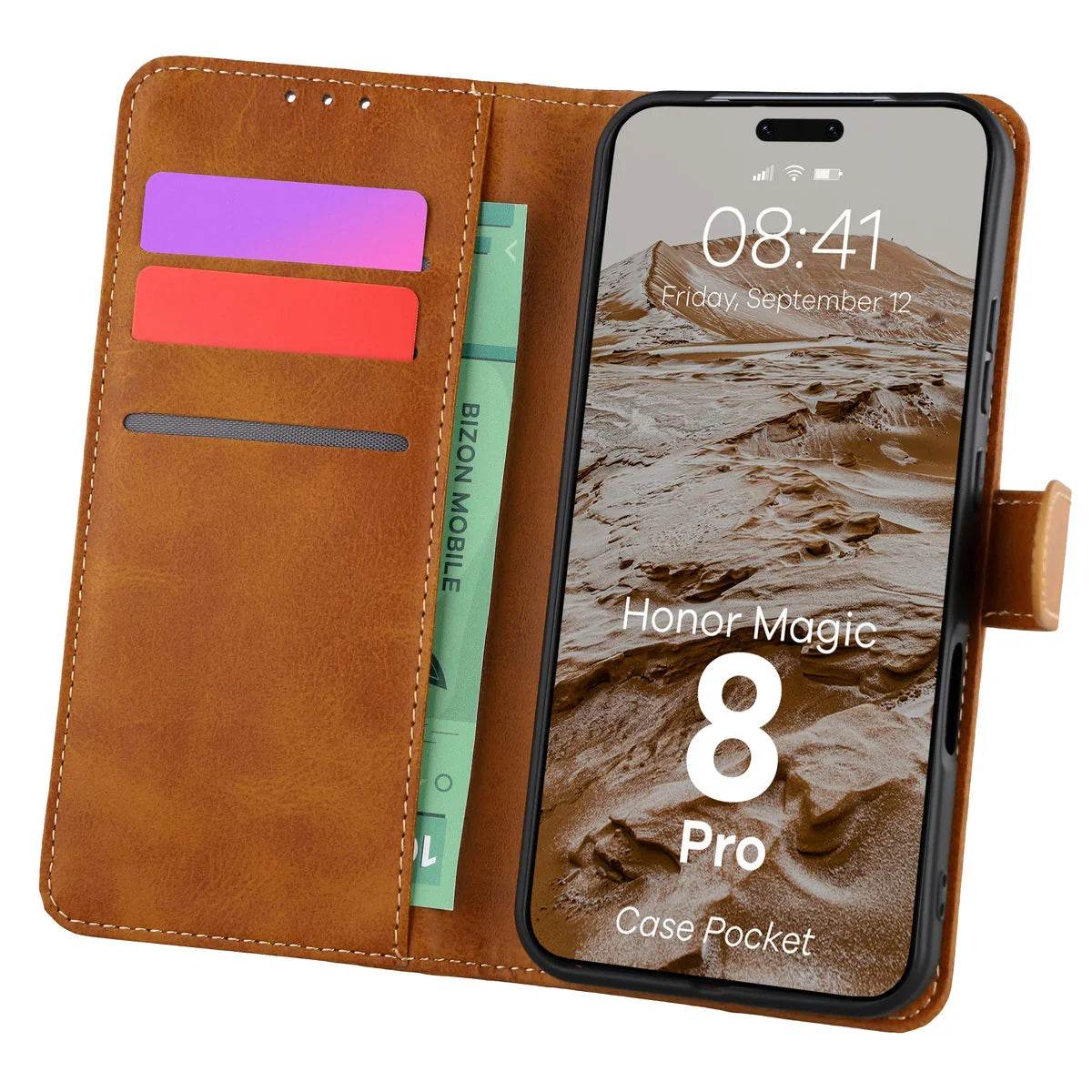 Handyhülle mit Klappe für Honor Magic8 Pro, Bizon Case Pocket, Braun