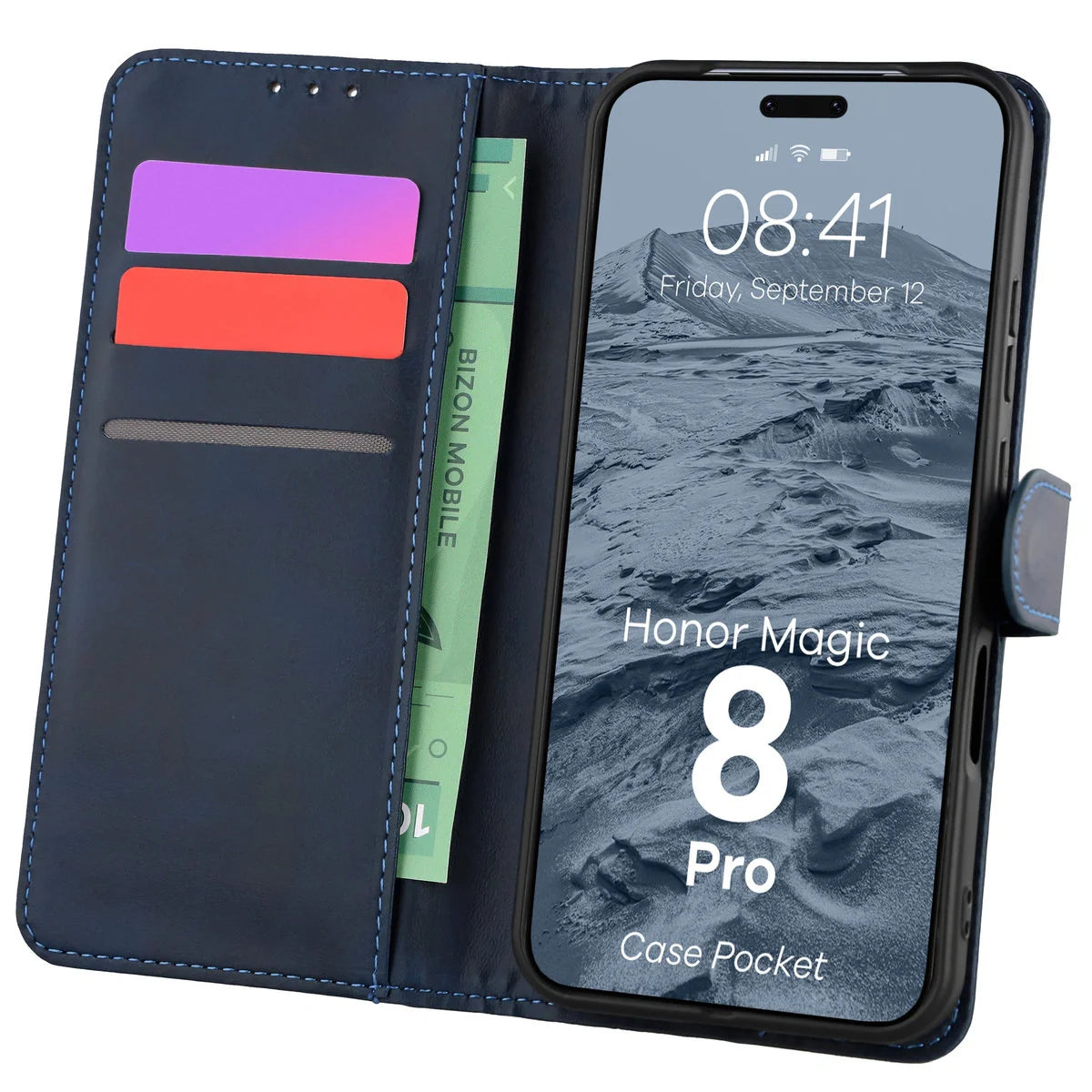 Handyhülle mit Klappe für Honor Magic8 Pro, Bizon Case Pocket, Dunkelblau