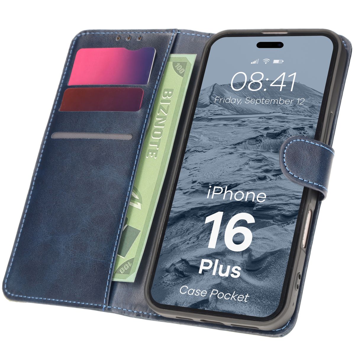 Handyhülle mit Klappe für iPhone 16 Plus, Bizon Case Pocket, Dunkelbla