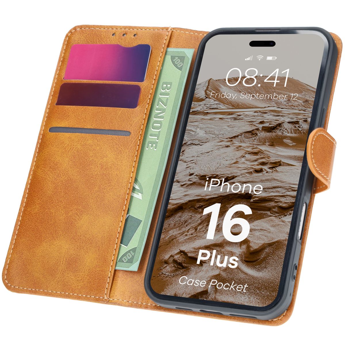 Handyhülle mit Klappe für iPhone 16 Plus, Bizon Case Pocket, Braun
