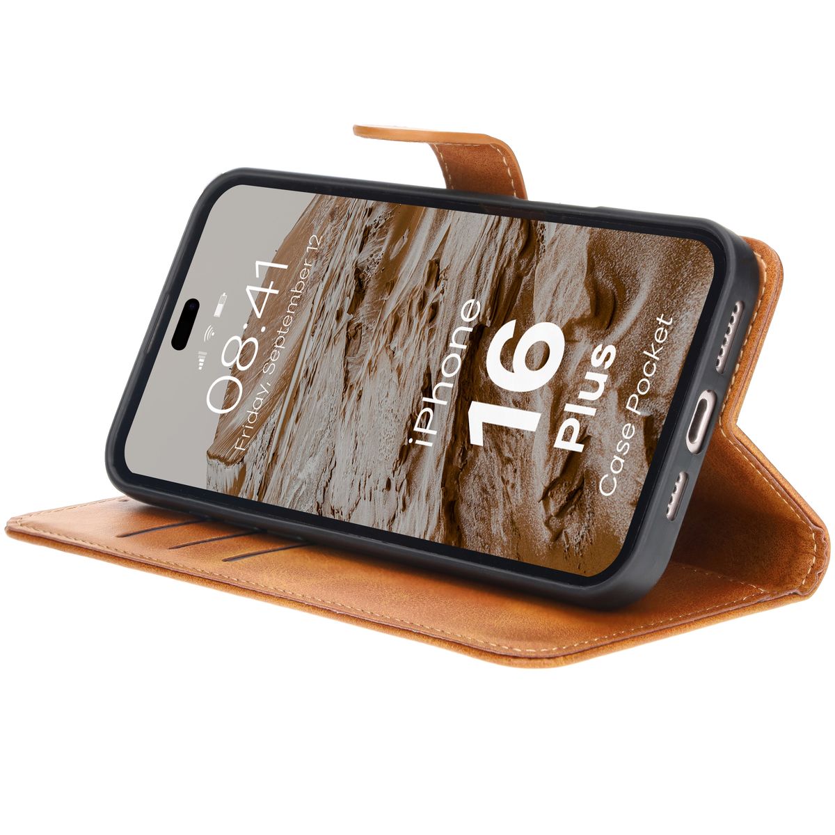 Handyhülle mit Klappe für iPhone 16 Plus, Bizon Case Pocket, Braun