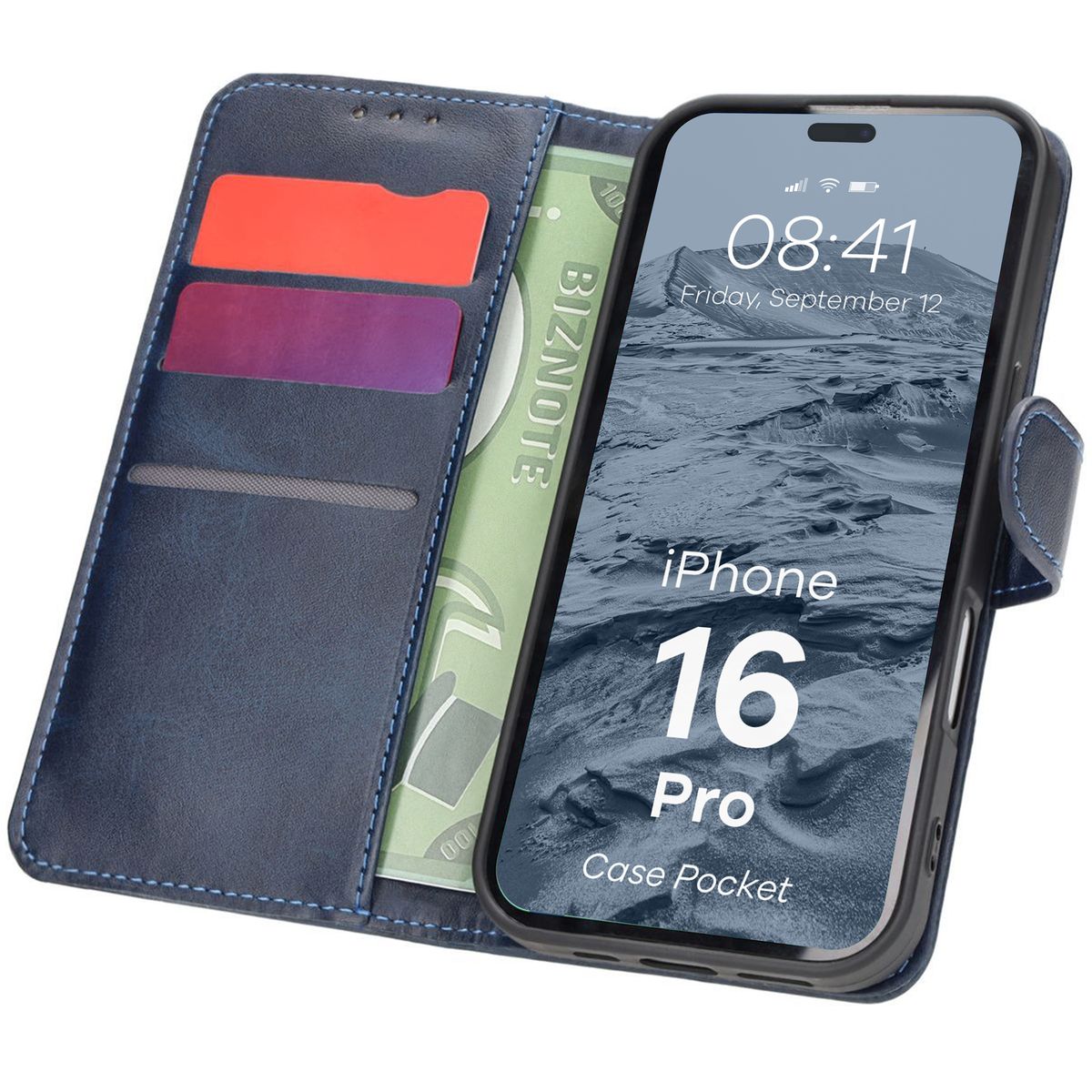 Handyhülle mit Klappe für iPhone 16 Pro, Bizon Case Pocket, Dunkelblau