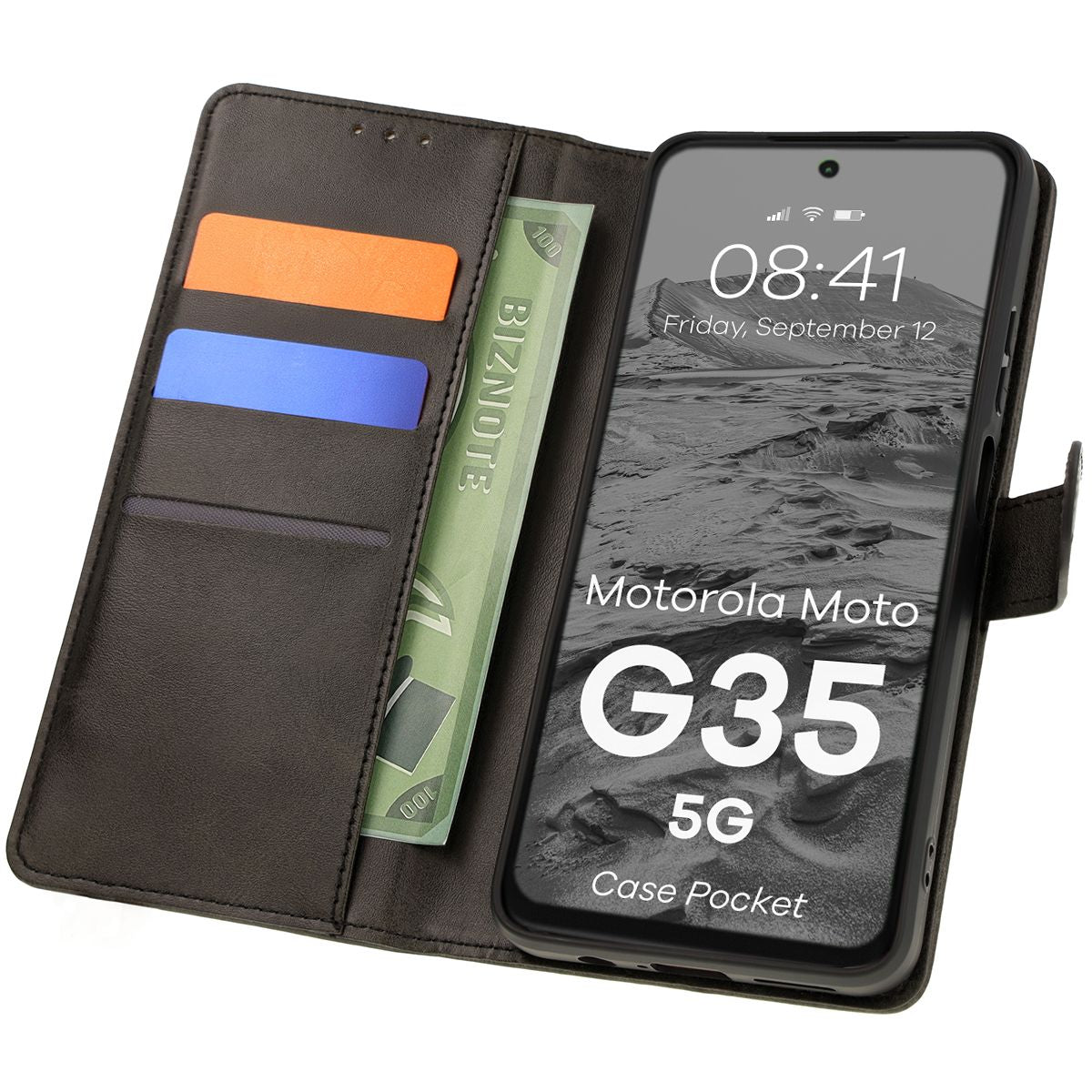 Handyhülle mit Klappe für Motorola Moto G35 5G, Bizon Case Pocket, Schwarz
