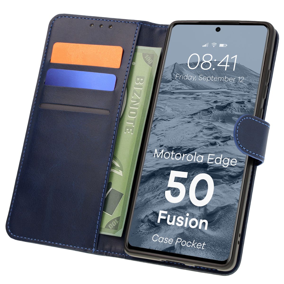 Handyhülle mit Klappe für Motorola Edge 50 Fusion, Bizon Case Pocket, Dunkelblau