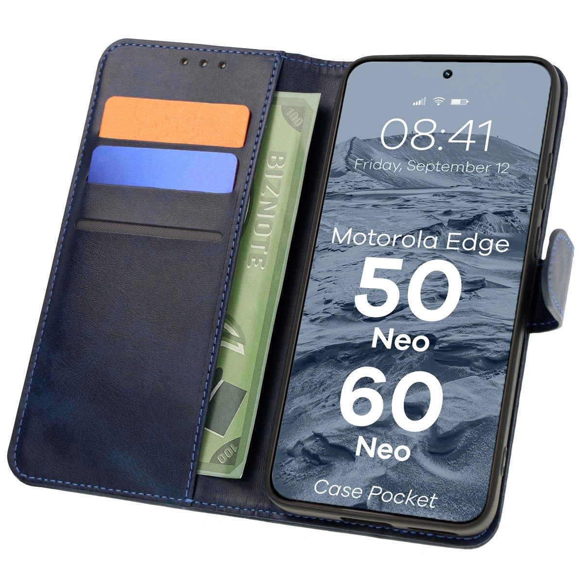 Handyhülle mit Klappe für Motorola Edge 50 Neo, Bizon Case Pocket, Dunkelblau