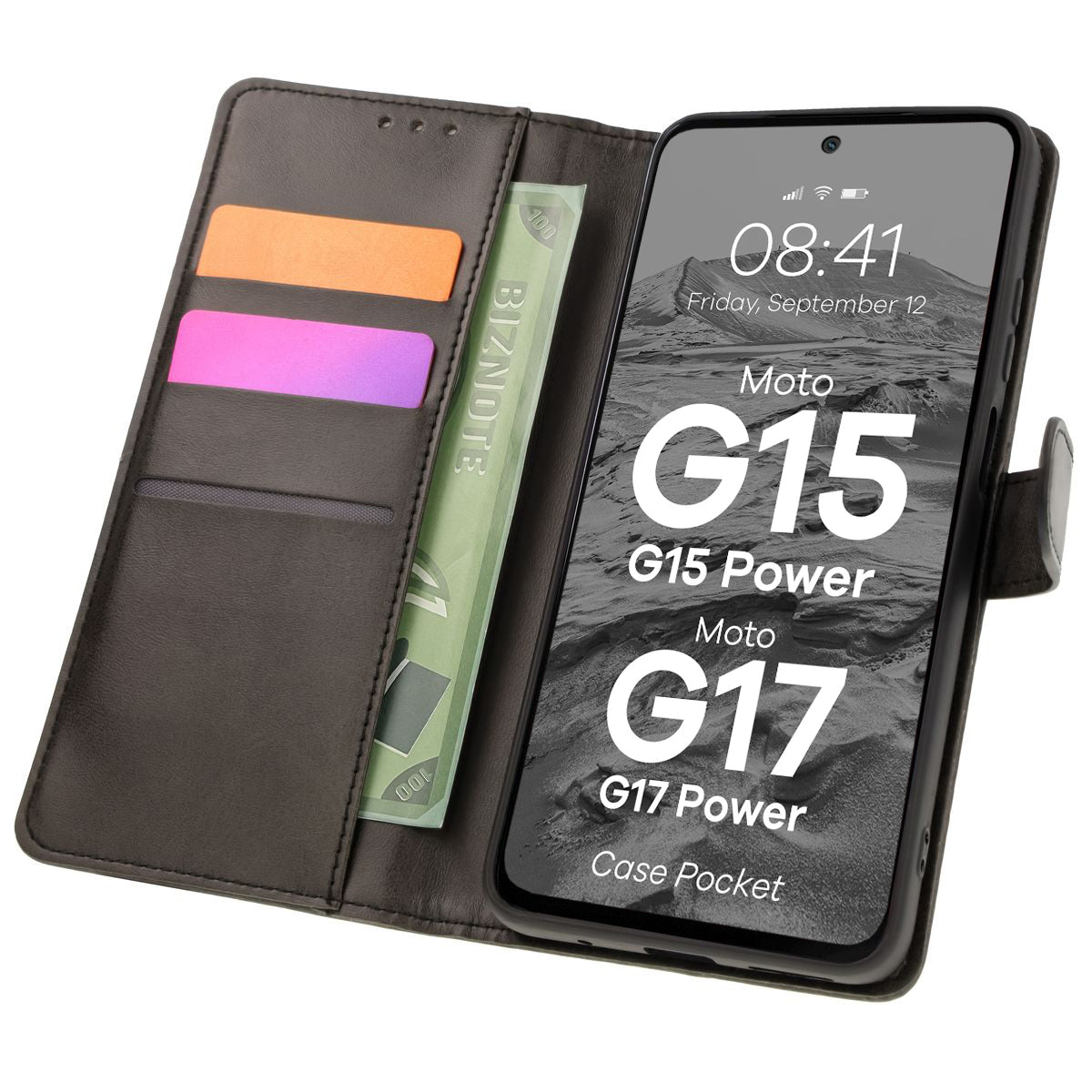 Handyhülle mit Klappe für Motorola Moto G17 / G17 Power / G15 / G15 Power / G05, Bizon Case Pocket, Schwarz