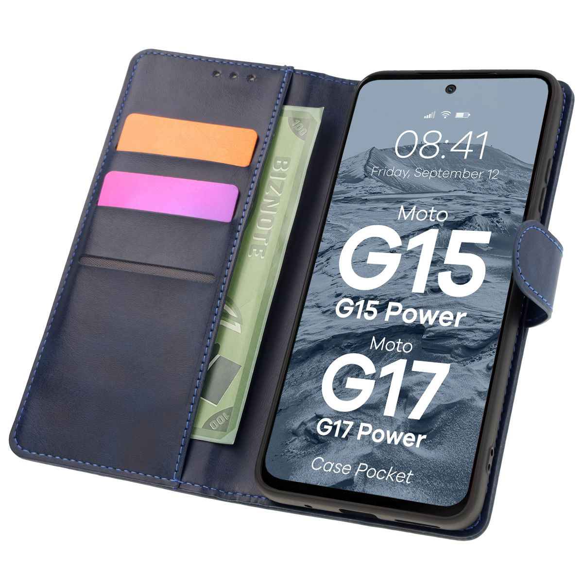 Handyhülle mit Klappe für Motorola Moto G17 / G17 Power / G15 / G15 Power / G05, Bizon Case Pocket, Dunkelblau
