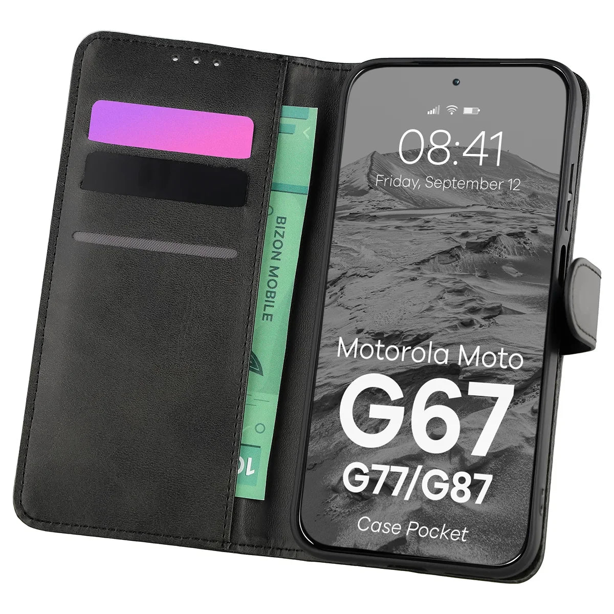 Handyhülle mit Klappe für Motorola Moto G87 5G / G77 5G / G67 5G, Bizon Case Pocket, Schwarz