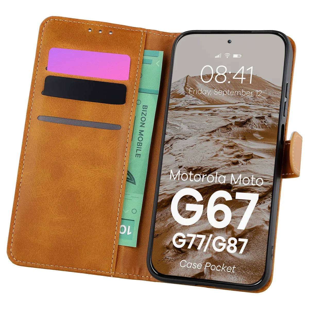Handyhülle mit Klappe für Motorola Moto G87 5G / G77 5G / G67 5G, Bizon Case Pocket, Braun