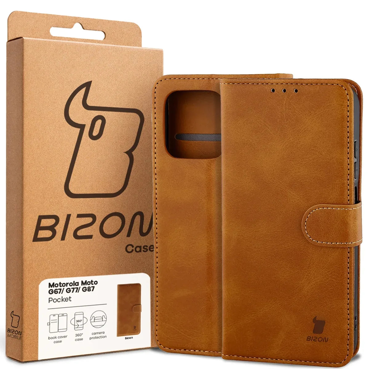 Handyhülle mit Klappe für Motorola Moto G87 5G / G77 5G / G67 5G, Bizon Case Pocket, Braun