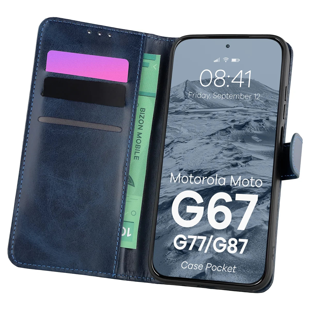 Handyhülle mit Klappe für Motorola Moto G87 5G / G77 5G / G67 5G, Bizon Case Pocket, Dunkelblau