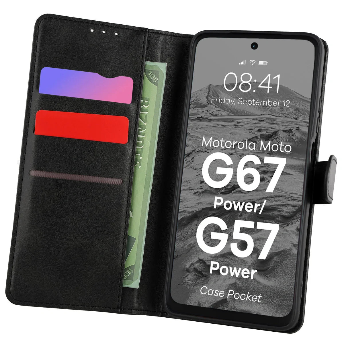Handyhülle mit Klappe für Motorola Moto G57 Power / G67 Power, Bizon Case Pocket, Schwarz