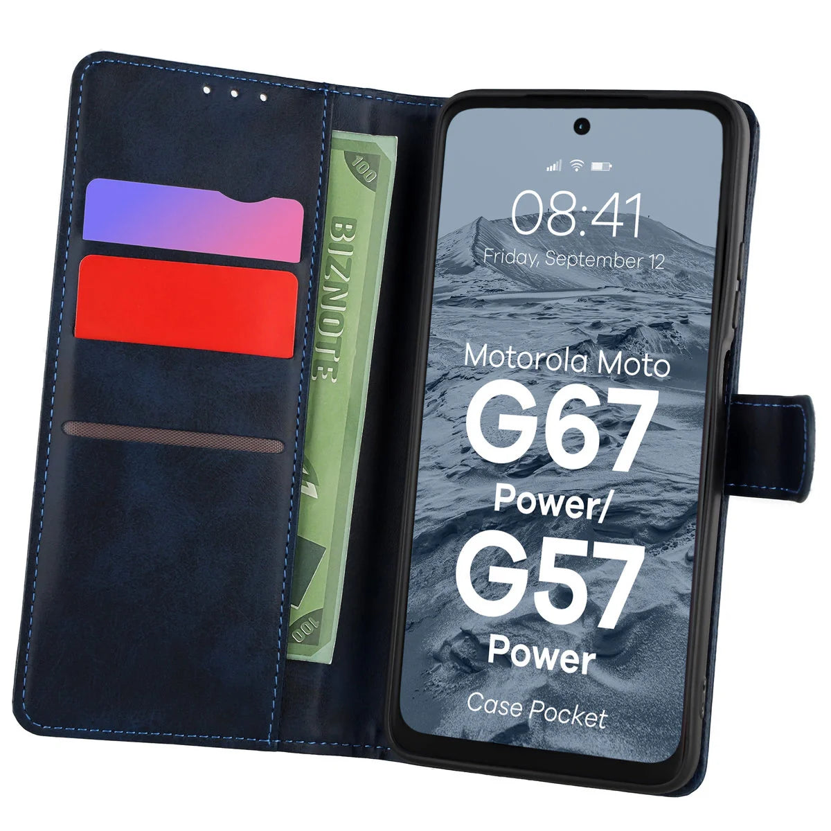 Handyhülle mit Klappe für Motorola Moto G57 Power / G67 Power, Bizon Case Pocket, Dunkelblau