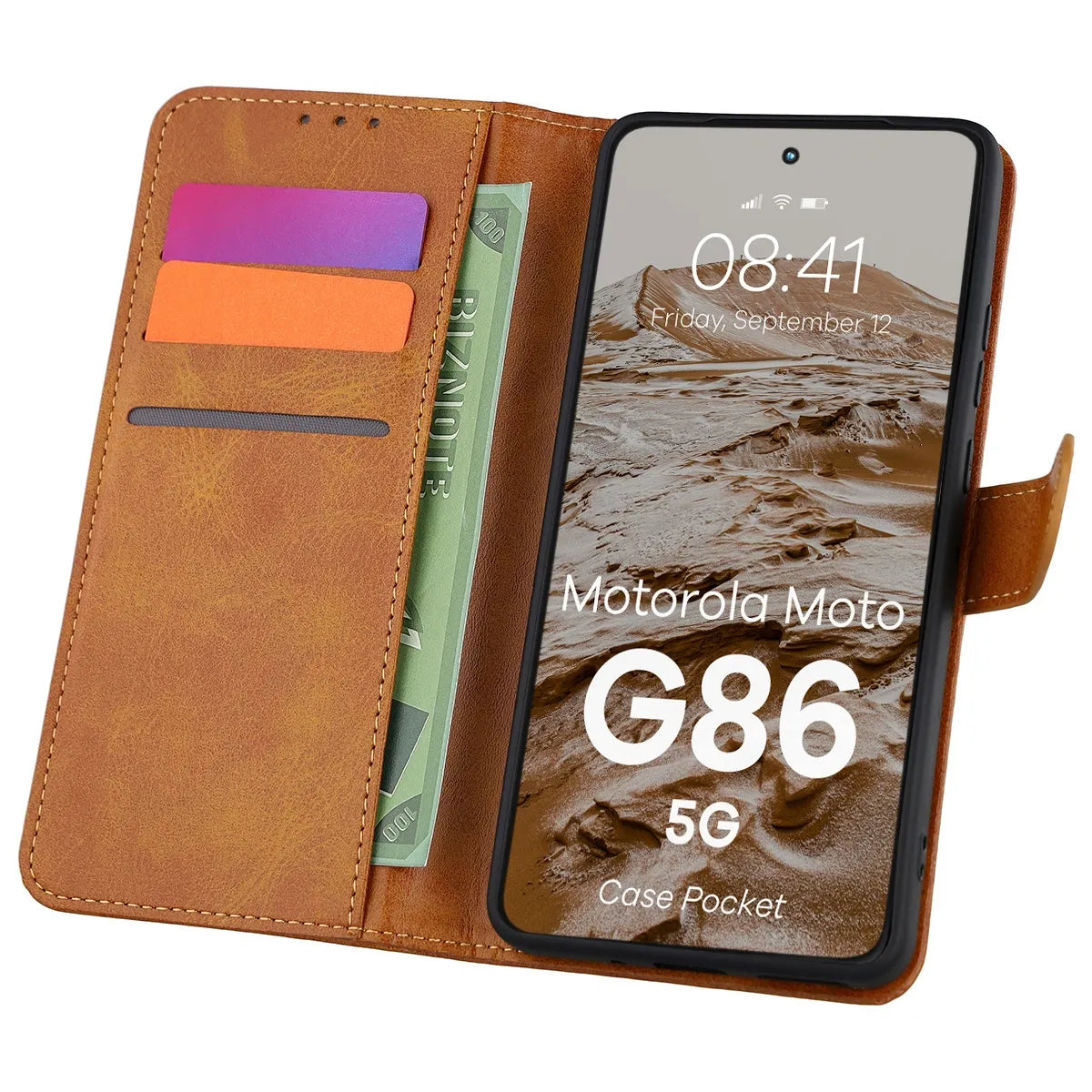 Handyhülle mit Klappe für Motorola Moto G86 5G, Bizon Case Pocket, Braun