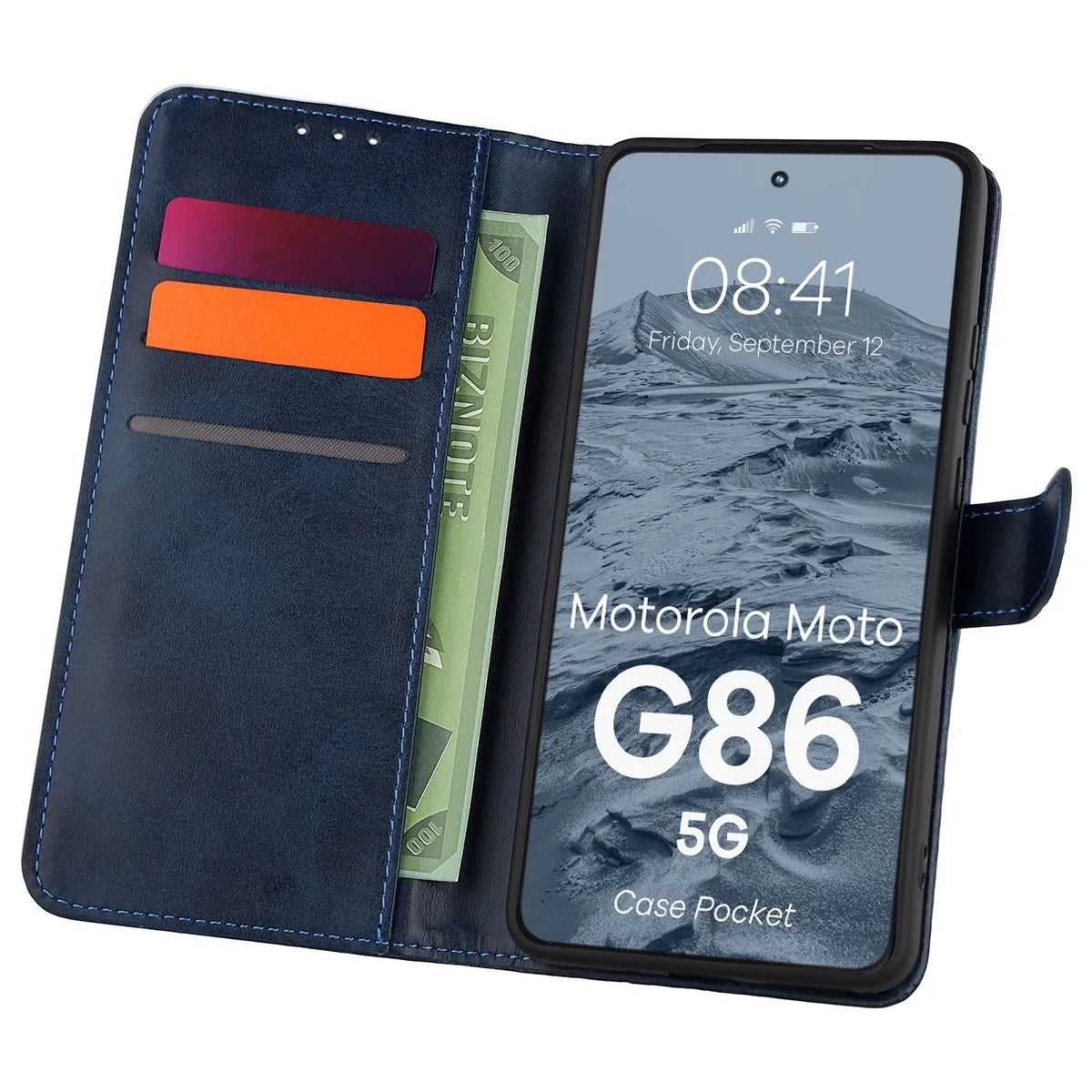 Handyhülle mit Klappe für Motorola Moto G86 5G, Bizon Case Pocket, Dunkelblau