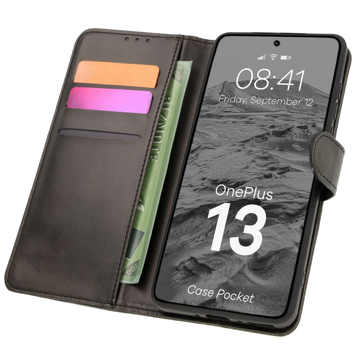 Handyhülle mit Klappe für OnePlus 13, Bizon Case Pocket, Schwarz