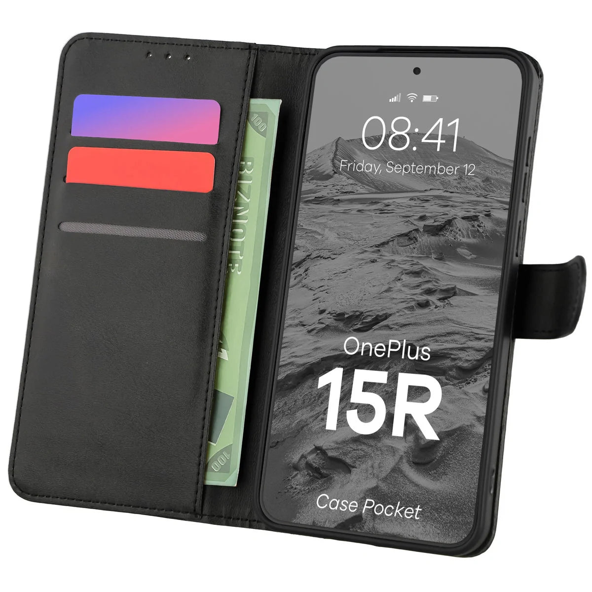 Handyhülle mit Klappe für OnePlus 15R, Bizon Case Pocket, Schwarz