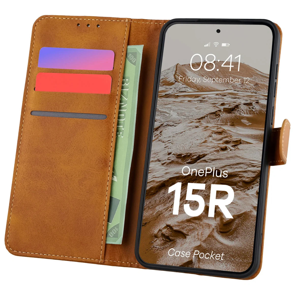 Handyhülle mit Klappe für OnePlus 15R, Bizon Case Pocket, Braun
