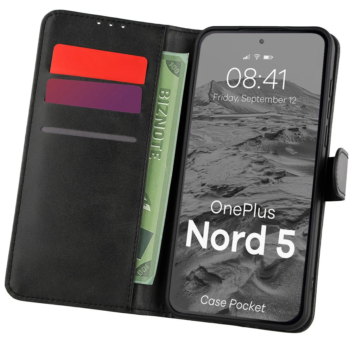 Handyhülle mit Klappe für OnePlus Nord 5, Bizon Case Pocket, Schwarz