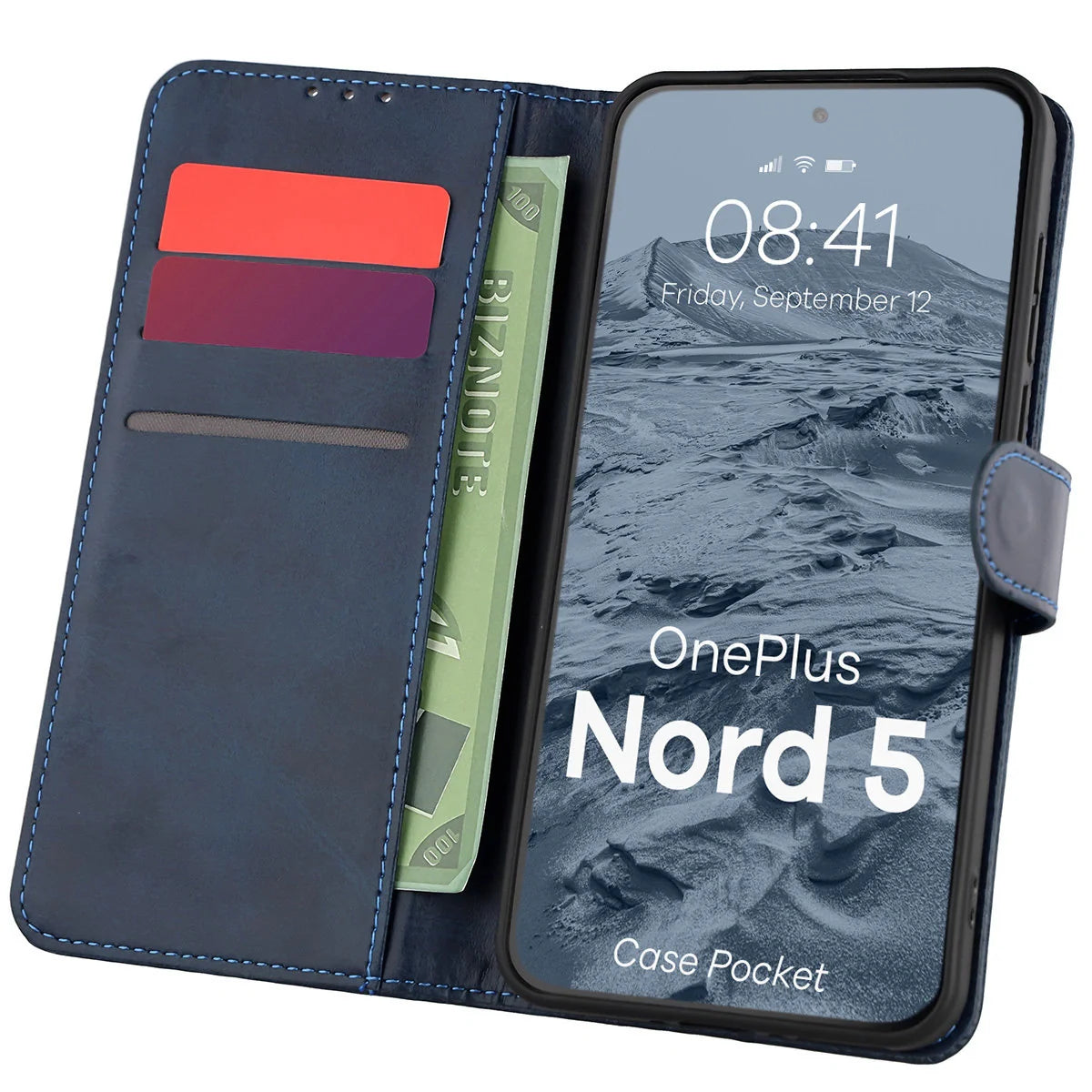 Handyhülle mit Klappe für OnePlus Nord 5, Bizon Case Pocket, Dunkelblau