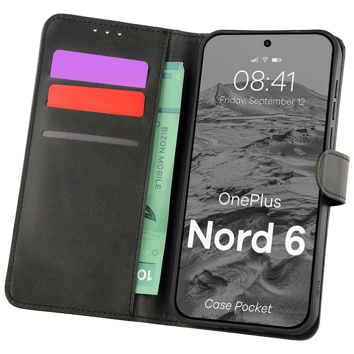 Handyhülle mit Klappe für OnePlus Nord 6, Bizon Case Pocket, Schwarz