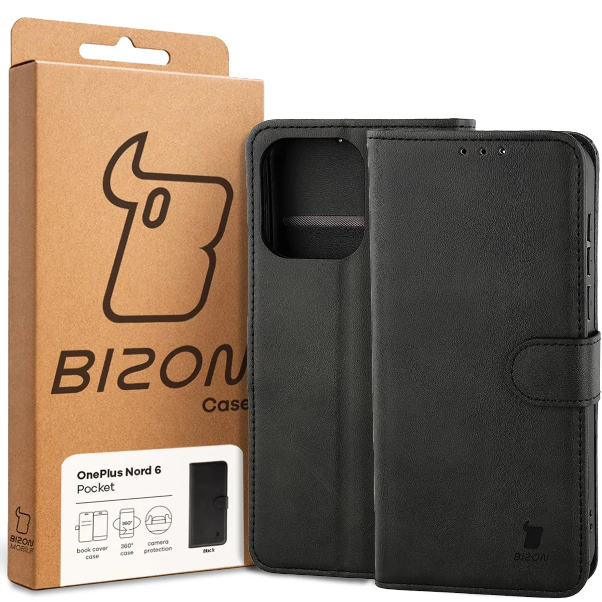 Handyhülle mit Klappe für OnePlus Nord 6, Bizon Case Pocket, Schwarz