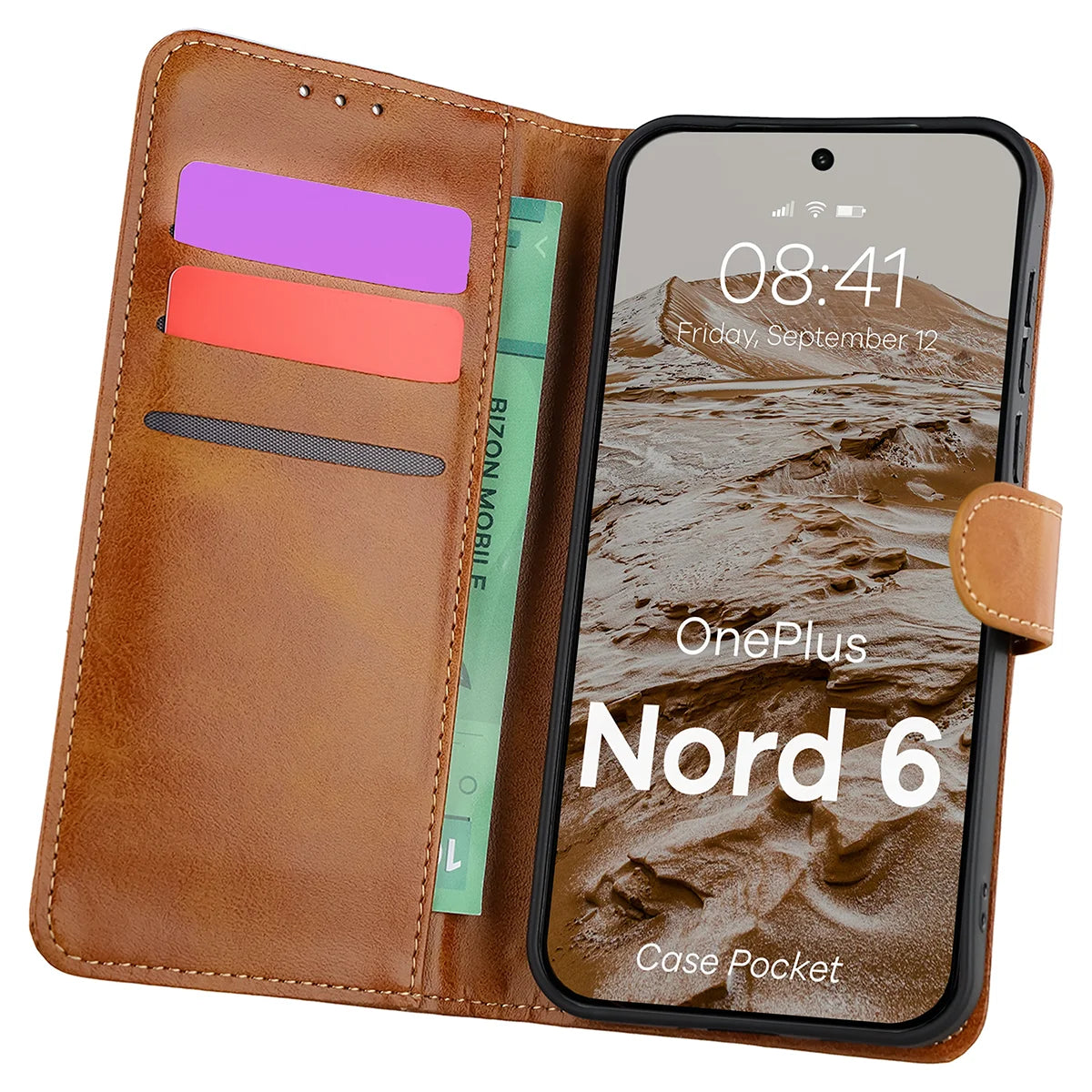 Handyhülle mit Klappe für OnePlus Nord 6, Bizon Case Pocket, Braun