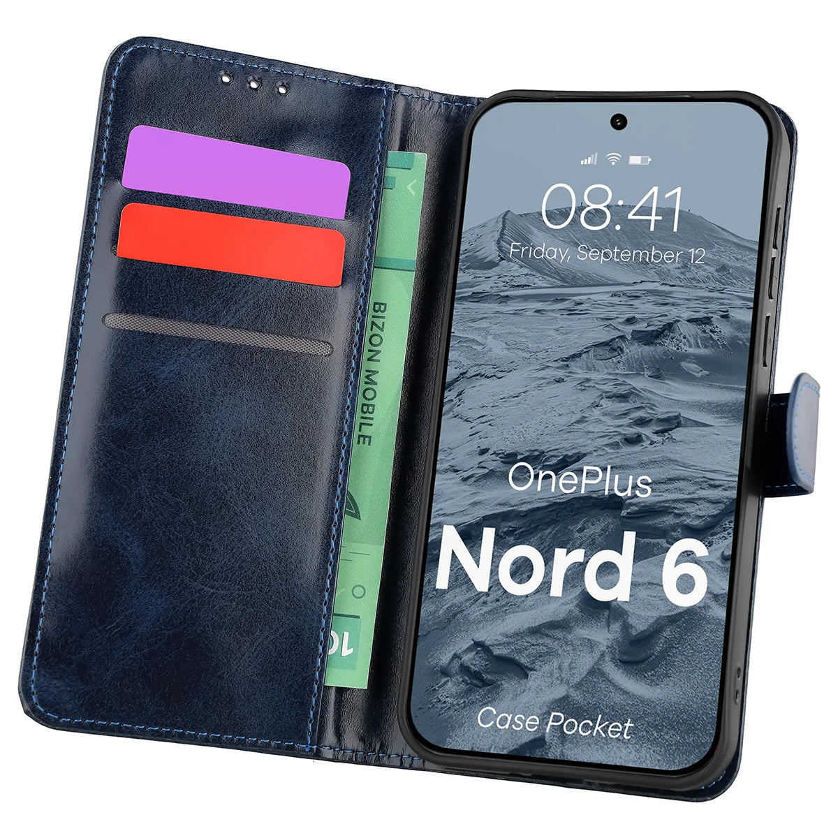 Handyhülle mit Klappe für OnePlus Nord 6, Bizon Case Pocket, Dunkelblau