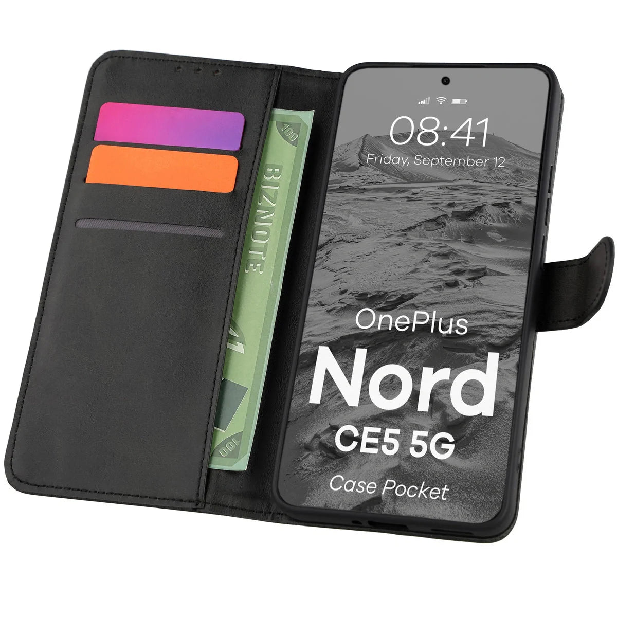 Handyhülle mit Klappe für OnePlus Nord CE5 5G, Bizon Case Pocket, Schwarz