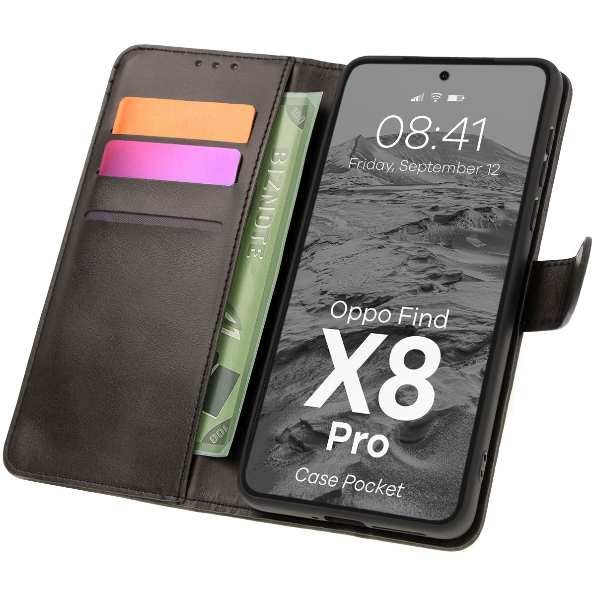 Handyhülle mit Klappe für Oppo Find X8 Pro, Bizon Case Pocket, Schwarz