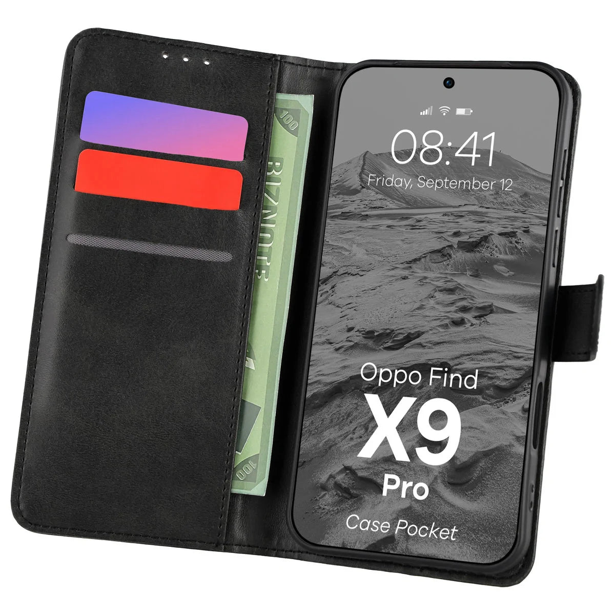 Handyhülle mit Klappe für Oppo Find X9 Pro, Bizon Case Pocket, Schwarz