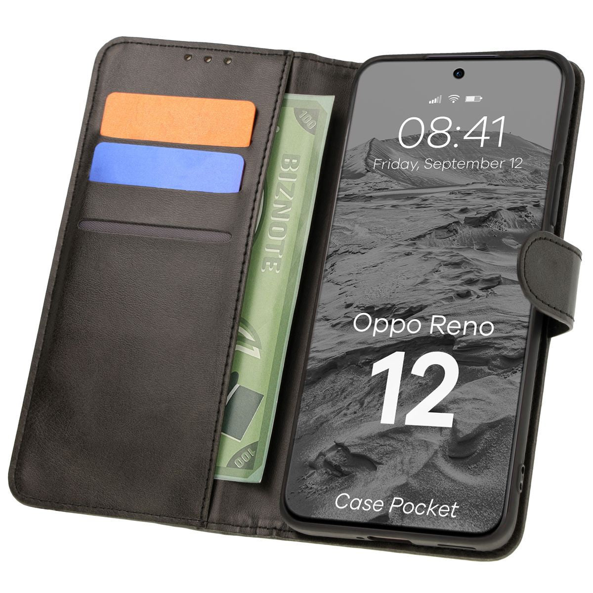 Handyhülle mit Klappe für Oppo Reno 12, Bizon Case Pocket, Schwarz