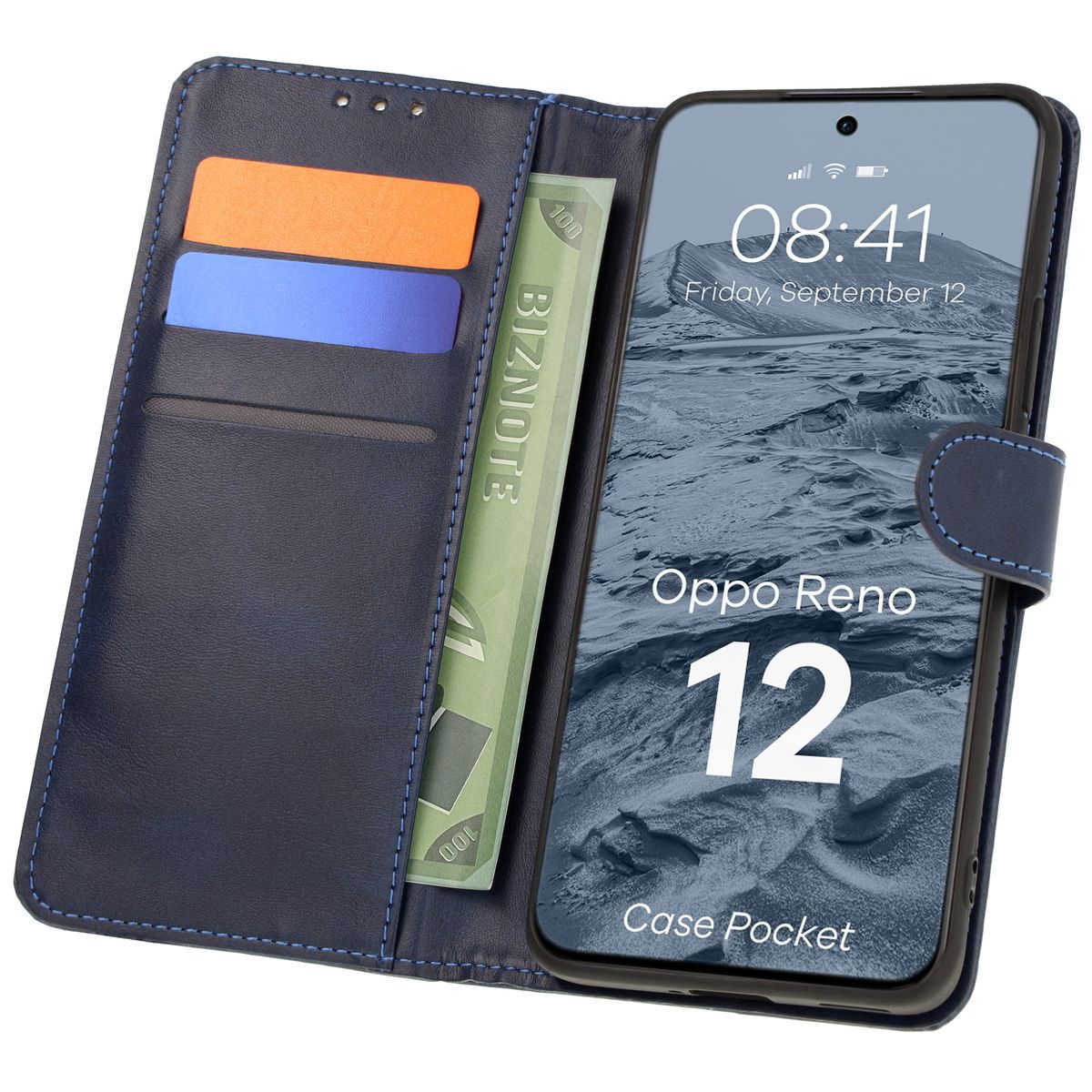 Handyhülle mit Klappe für Oppo Reno 12, Bizon Case Pocket, Dunkelblau