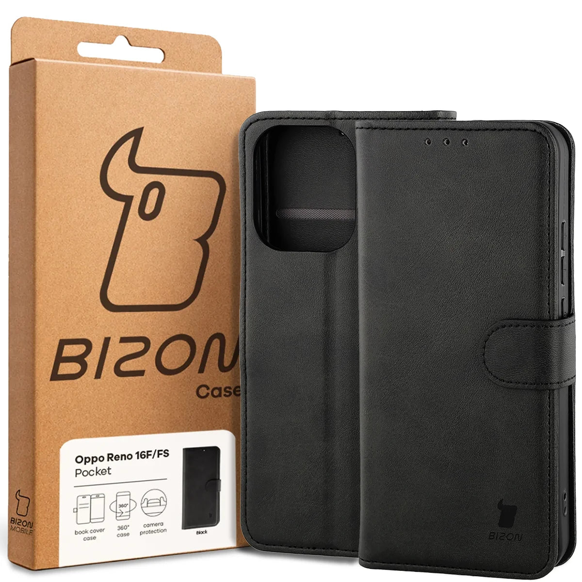 Handyhülle mit Klappe für Oppo Reno16 F / Reno16 FS 5G, Bizon Case Pocket, Schwarz