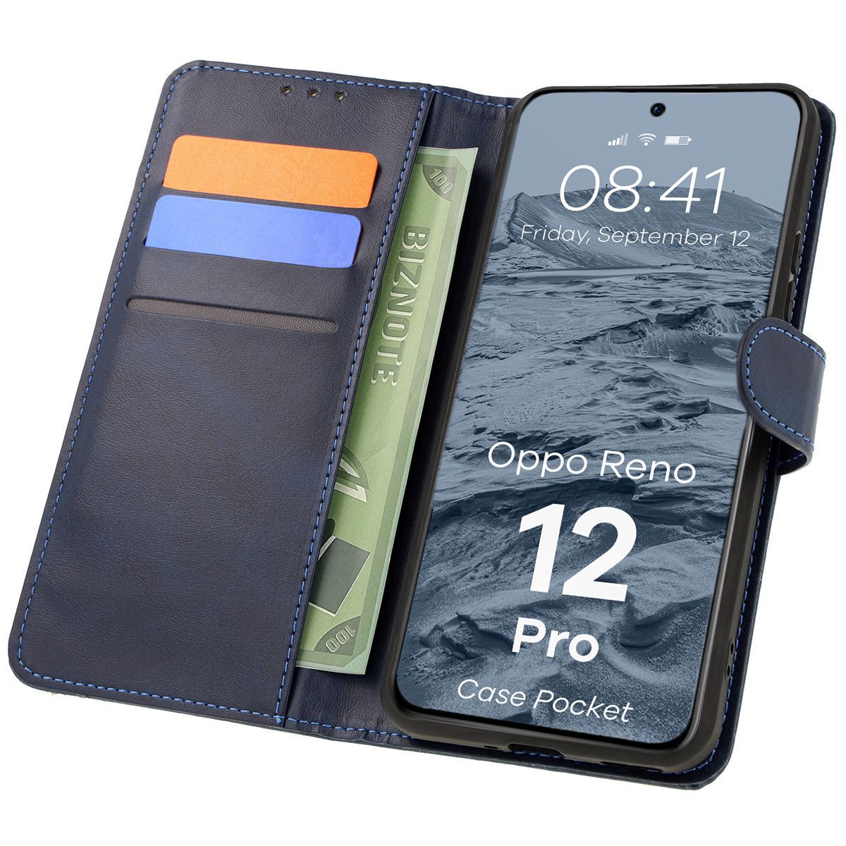 handyhülle oppo Handyhülle mit Klappe für Oppo Reno 12 Pro, Bizon Case Pocket, Dunkelb
