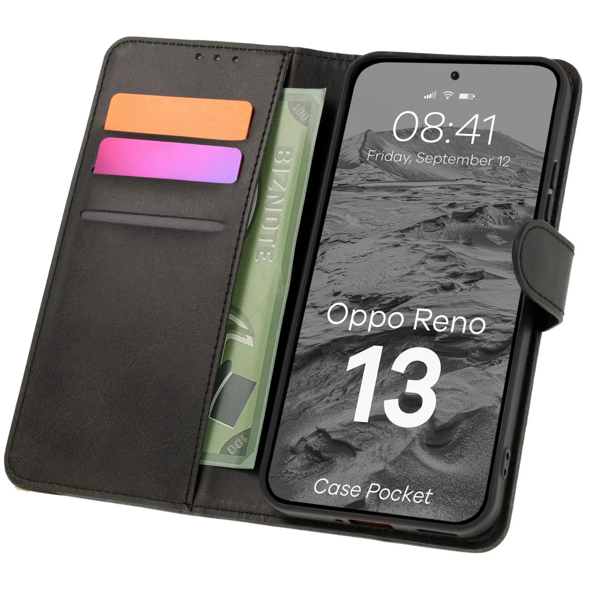Handyhülle mit Klappe für Oppo Reno13, Bizon Case Pocket, Schwarz
