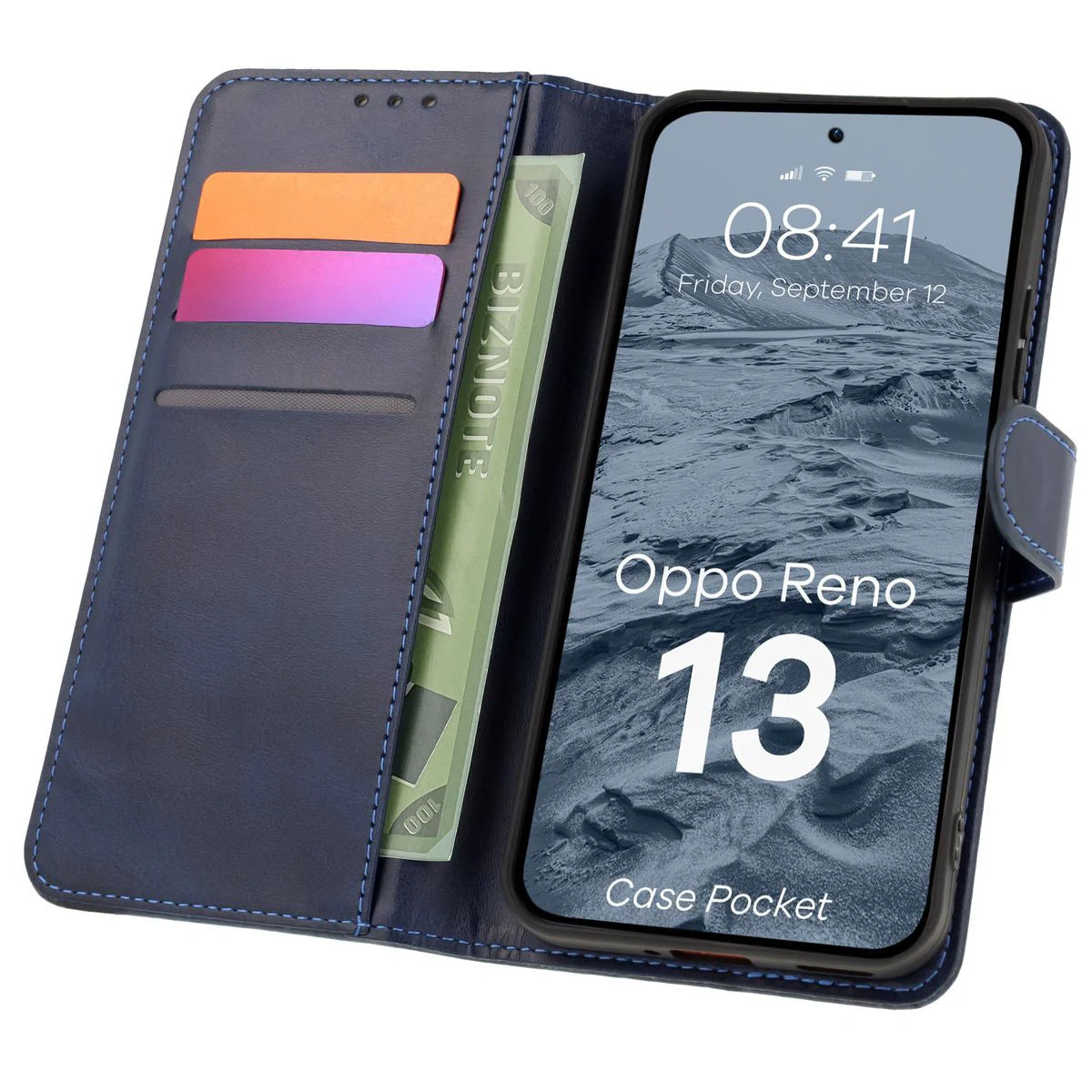 Handyhülle mit Klappe für Oppo Reno13, Bizon Case Pocket, Dunkelblau